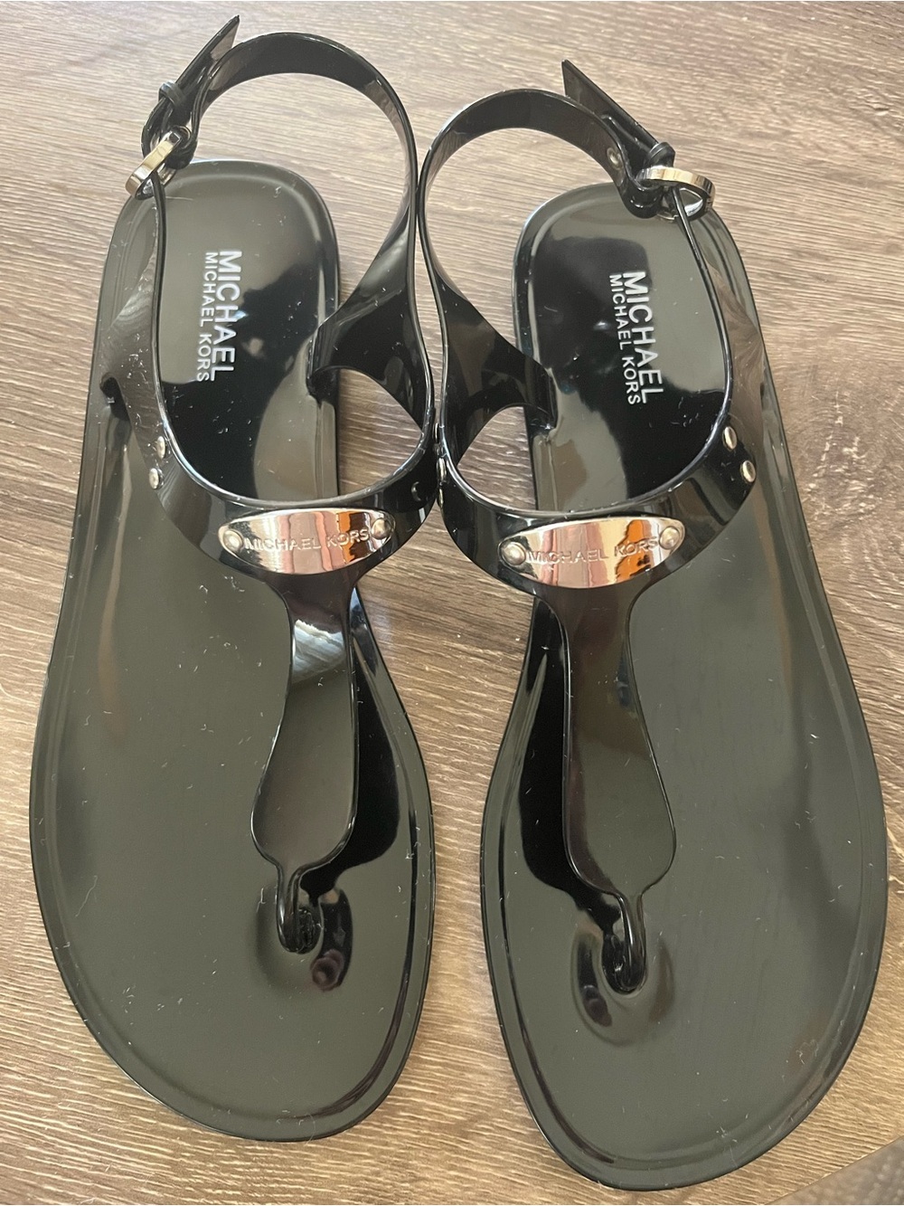 Michael Kors Black Gloss Jelly Strap Sandals with Gold Logo Plaque Size 9.5